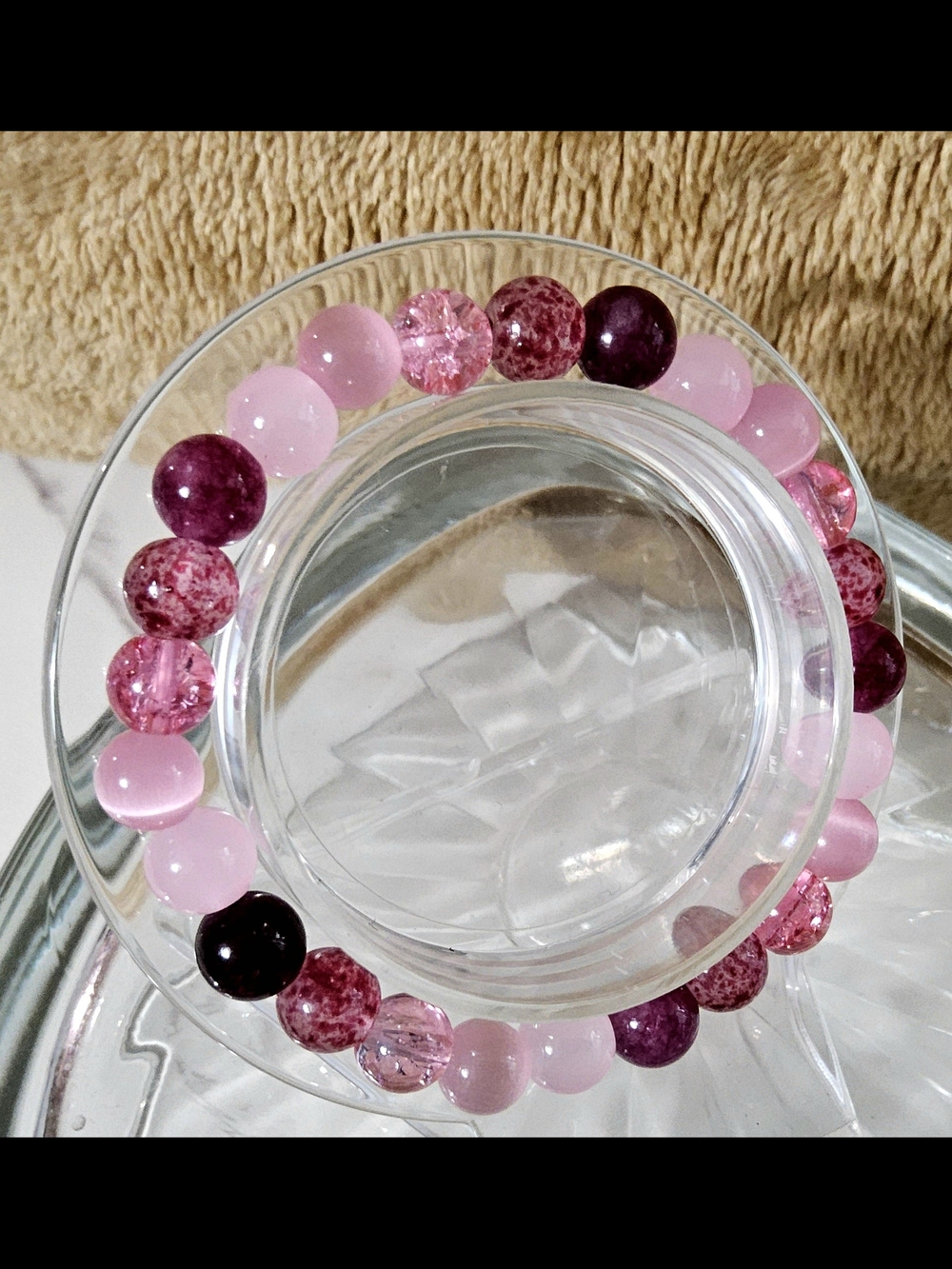 Handmade Pink & Purple Beaded Stretch Bracelet — Mixed Quartz & Cat's Eye - Picture 3 of 5